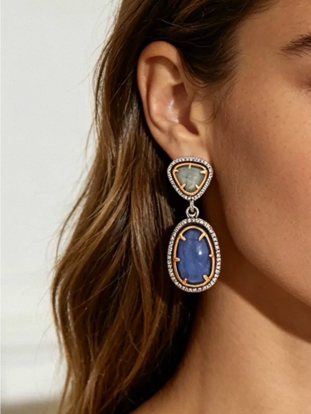 Blue & Sage Drop Earrings | Gold Rhinestone Statement Jewelry